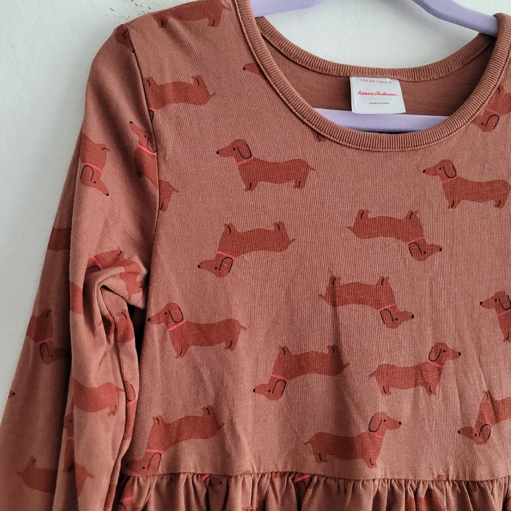Hanna Andersson 6/7 Long Sleeve Playground Dress Wiener Dog Dachshund Brown - Picture 4 of 8